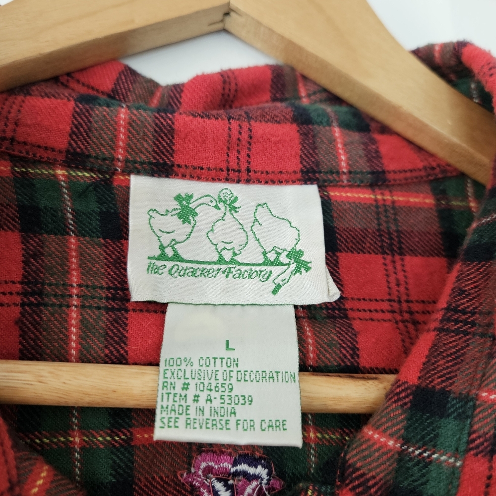 The Quacker Factory Beaded Rose Embroidered Plaid Button Flannel Shirt L Large - Picture 4 of 5